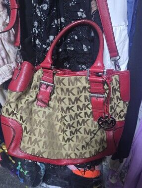 Like new!Michael Kors Beige/Red Canvas and Leather Large Brookville bag